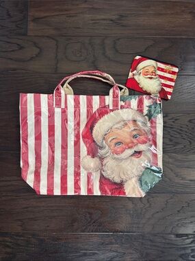 NWOT Festive Santa Stripe Holiday Tote Bag PVC- Red & White